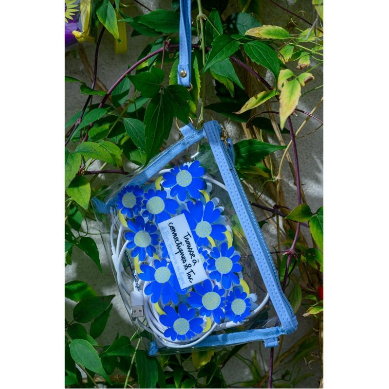 Trousse trasparente e impermeabile con chiusura zip, decorata con fiori blu